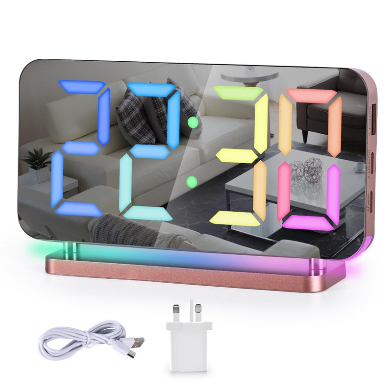 SZELAM Digital ClockAlarm Clock Bedside74LED Mirror with 10 Modes RGB Night Light11 Colors LED DisplayAuto DimmingUSB C Charging Port5 Levels Volume Desk Bedroom Teens Rose Gold