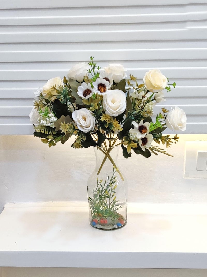 ARTSY® Artificial Flowers for Home Decoration Dry Peony Rose Flower Bunch for Room Decor, Office, for vase, Pot Filler, Gifting, Craft, Without Vase, Combo, Pack of 2 Piece, 6 Branches Each, White - Image 1