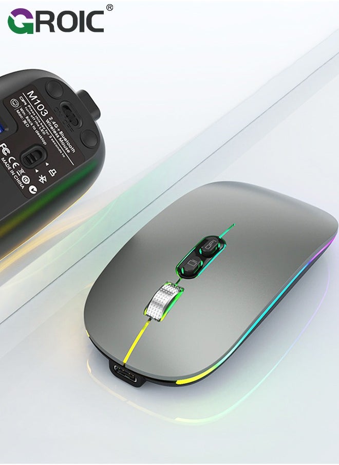 GROIC - LED Grey Wireless Mouse, Slim Silent Mouse 2.4G Portable Mobile Optical Office Mouse with USB Receiver, 3 Adjustable DPI Levels for Notebook, PC, Laptop, Computer, MacBook - Image 1