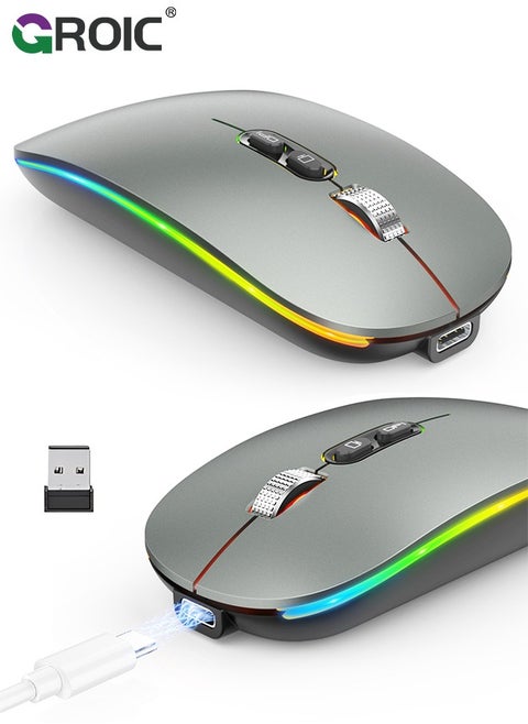 LED Grey Wireless Mouse, Slim Silent Mouse 2.4G Portable Mobile Optical Office Mouse with USB Receiver, 3 Adjustable DPI Levels for Notebook, PC, Laptop, Computer, MacBook