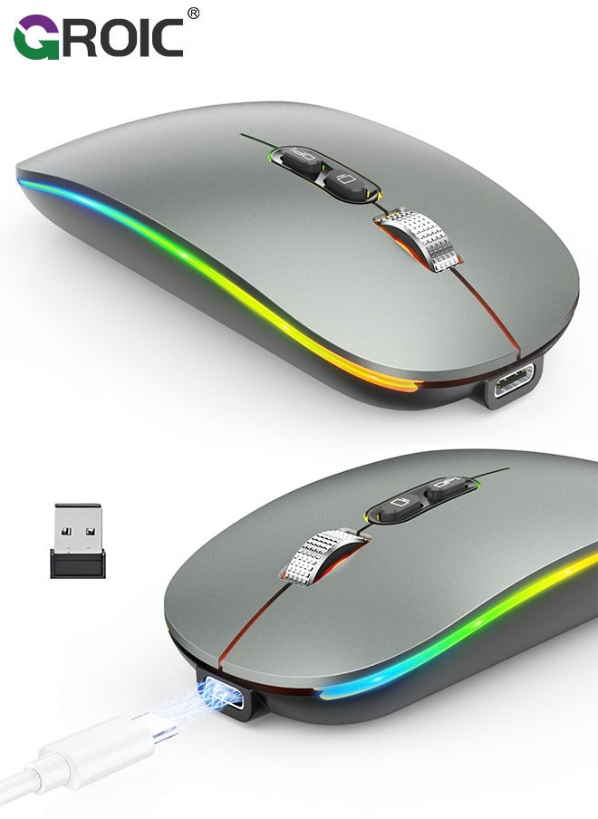 GROIC LED Grey Wireless Mouse, Slim Silent Mouse 2.4G Portable Mobile Optical Office Mouse with USB Receiver, 3 Adjustable DPI Levels for Notebook, PC, Laptop, Computer, MacBook  - Image 1