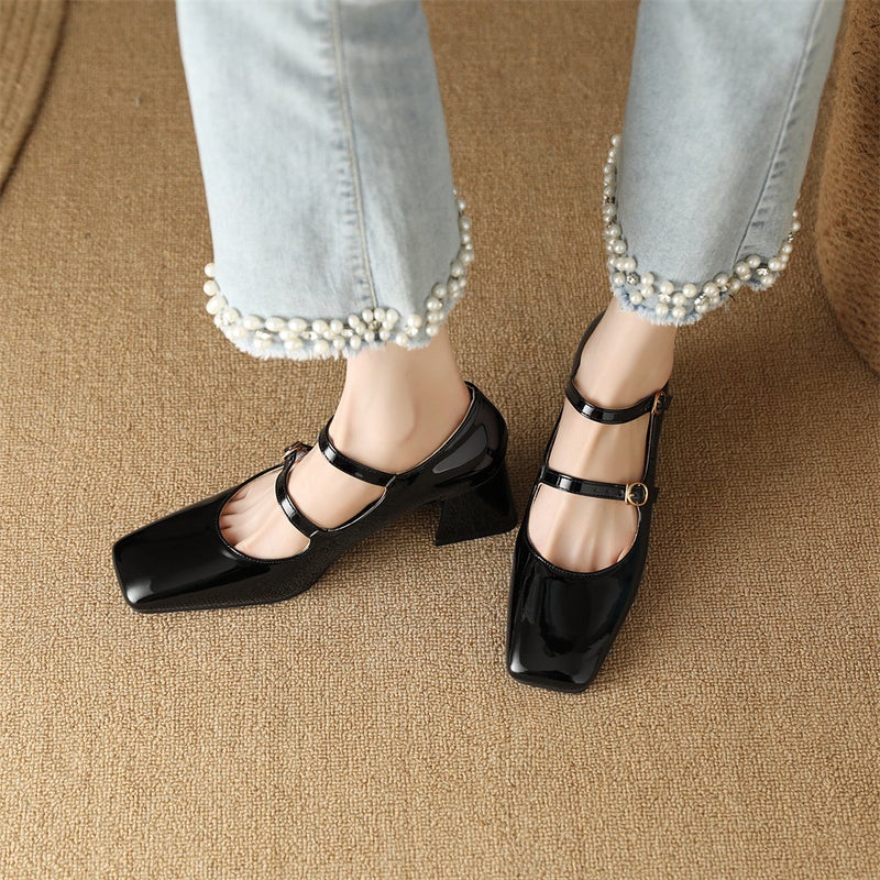 2024 Spring Fashion Square Head Women'S Shoes 32-48 Size Double-Breasted Thick High-Heeled Shoes - Image 1