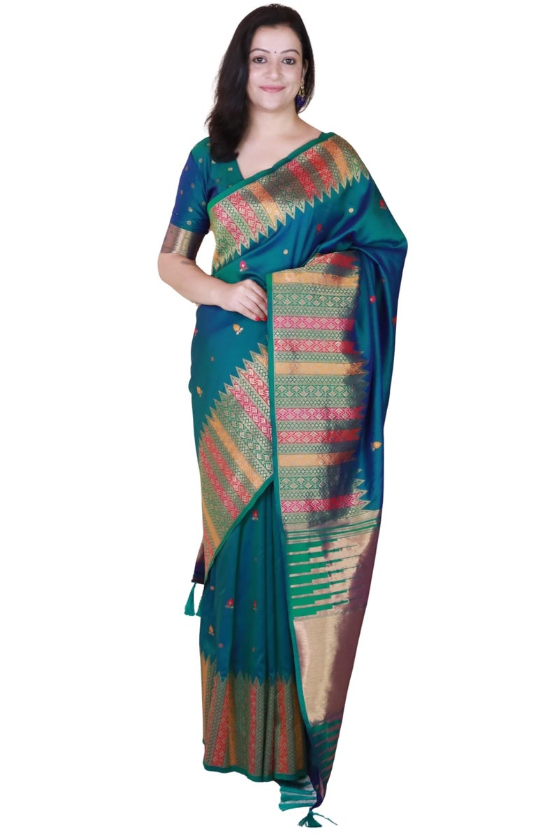 SGF11- Women's Kanjivaram Pure Soft Silk Handloom Saree Pure Golden Zari With Blouse Piece (Rama Green) - Image 1