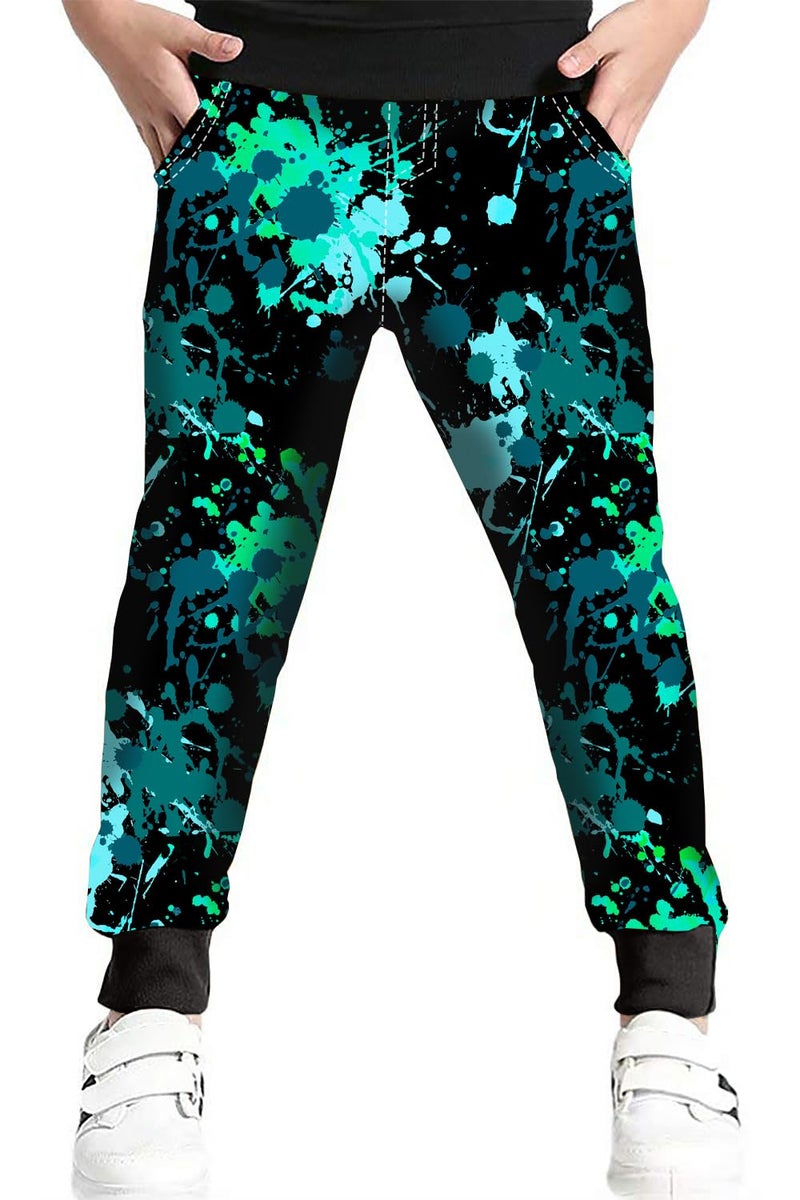 BINPAW Boys Printed Pants Cool Funny 3D Graphic Print Sports Drawstring Jogger Sweatpants for Kids, Paint Blue Green, 8-9 Years = Tag 140 - Image 1