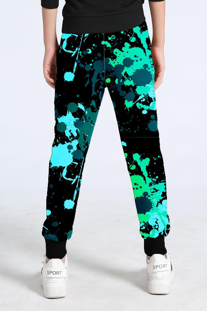 BINPAW Boys Printed Pants Cool Funny 3D Graphic Print Sports Drawstring Jogger Sweatpants for Kids, Paint Blue Green, 8-9 Years = Tag 140 - Image 2