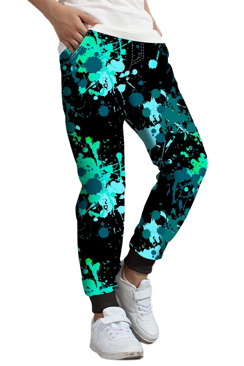BINPAW Boys Printed Pants Cool Funny 3D Graphic Print Sports Drawstring Jogger Sweatpants for Kids, Paint Blue Green, 8-9 Years = Tag 140 - Image 3