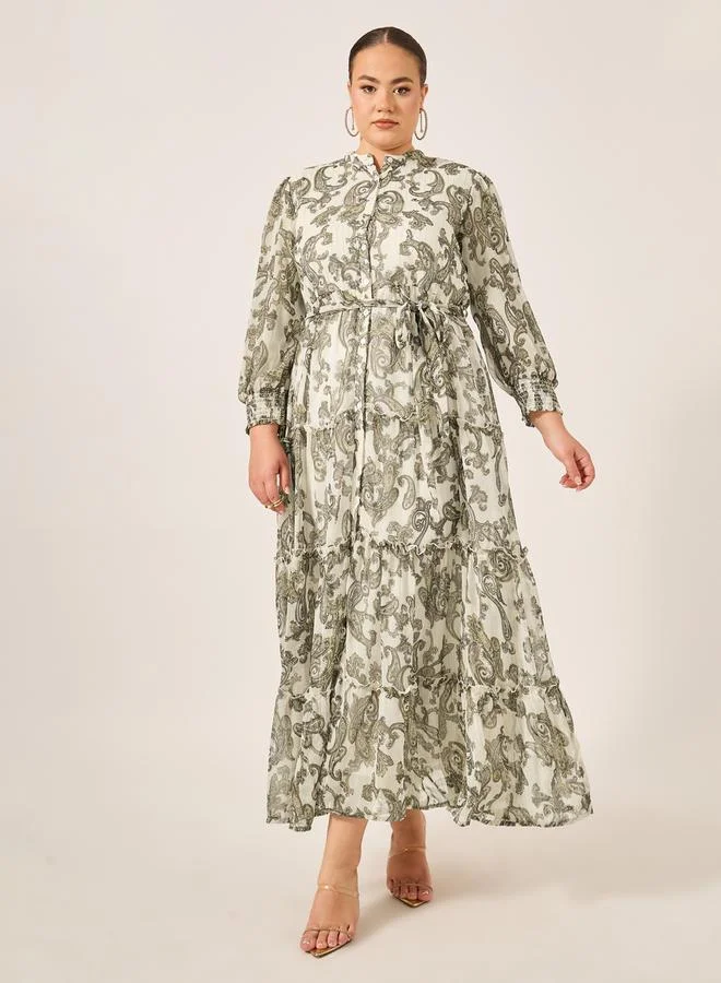 Styli Styli Plus Size Paisley Print Long Sleeves Tiered Maxi Dress