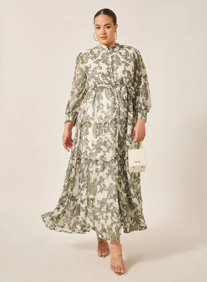 Styli Styli Plus Size Paisley Print Long Sleeves Tiered Maxi Dress
