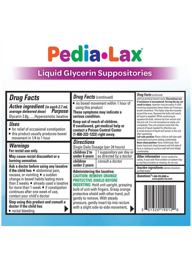 Pedia-Lax - Laxative Liquid Glycerin Suppositories for Kids, Ages 2-5, 6 CT, 3 Pack - Image 1