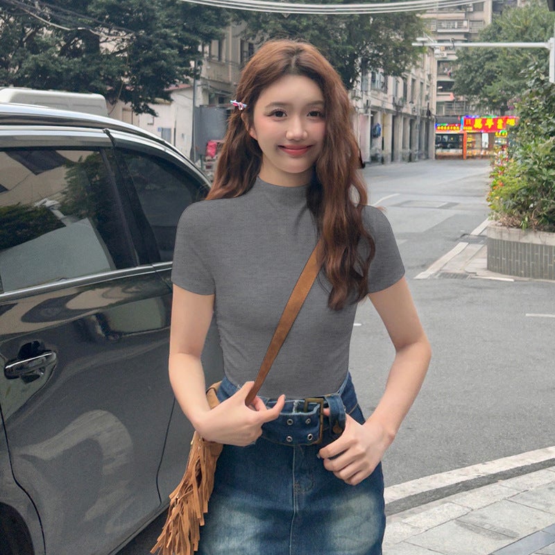 Js Half Turtleneck Threaded Short-Sleeved T-Shirt Women's Summer Loose Mid-Collar Half-Sleeved T-Shirt Elegant Shoulder-Sleeved Bottoming Top - Image 1