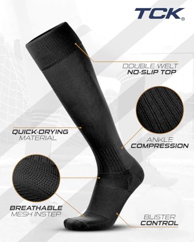 TCK Black Soccer Socks Youth Boys Girls Womens Mens Performance Sport Sock Knee High Soccer Socks Kids Finale (Black, Medium) - Image 2