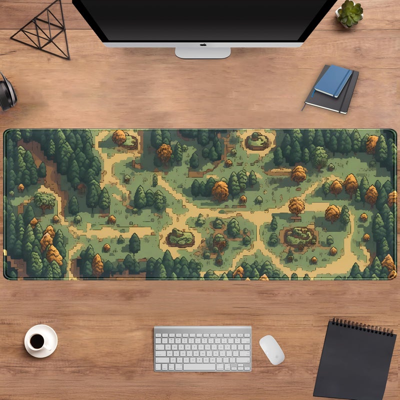 DCJJM Retro Brown Green Desk Mat XL Large Gaming Green Forest Pixel Mouse Pad Non-Slip Rubber Base Mousepad, Keyboard Mouse Mat, Laptop Computer Mat with Stitched Edges, Office Work Mat 31.5x11.8 in - Image 4