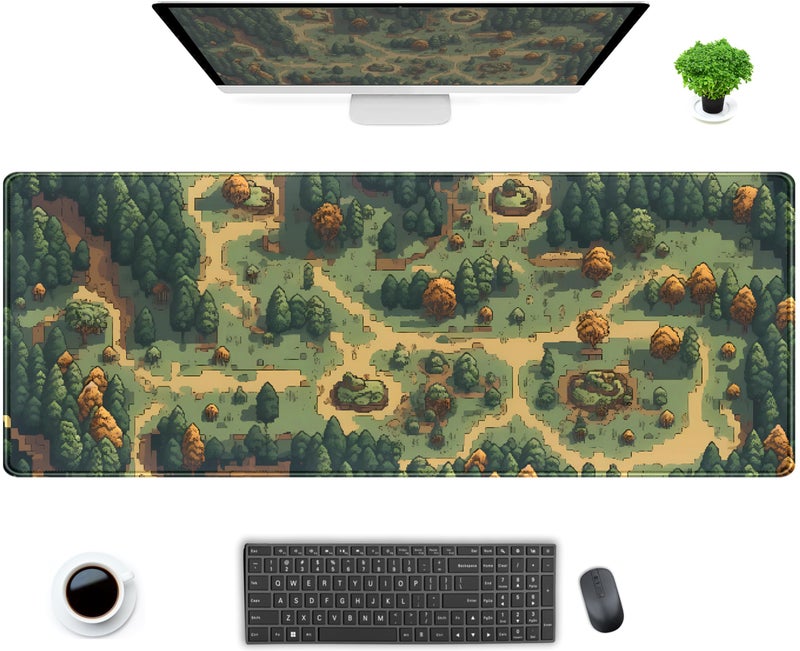 DCJJM Retro Brown Green Desk Mat XL Large Gaming Green Forest Pixel Mouse Pad Non-Slip Rubber Base Mousepad, Keyboard Mouse Mat, Laptop Computer Mat with Stitched Edges, Office Work Mat 31.5x11.8 in - Image 1