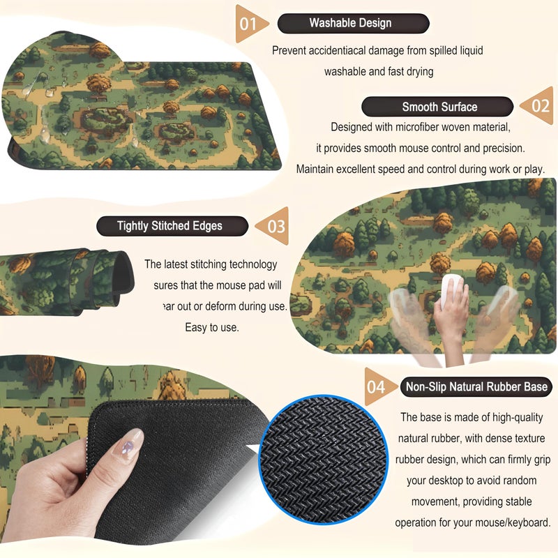 DCJJM Retro Brown Green Desk Mat XL Large Gaming Green Forest Pixel Mouse Pad Non-Slip Rubber Base Mousepad, Keyboard Mouse Mat, Laptop Computer Mat with Stitched Edges, Office Work Mat 31.5x11.8 in - Image 5