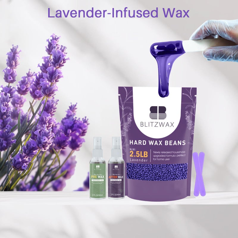 BLITZWAX 2.5lbs Hard Wax Beads for Hair Removal Lavender Waxing Beans for Sensitive Skin, Face, Eyebrows, Brazilian, Legs and Bikini - with 2 Silicone Sticks and 2 Wax Oils for Home and Salon Use - Image 4
