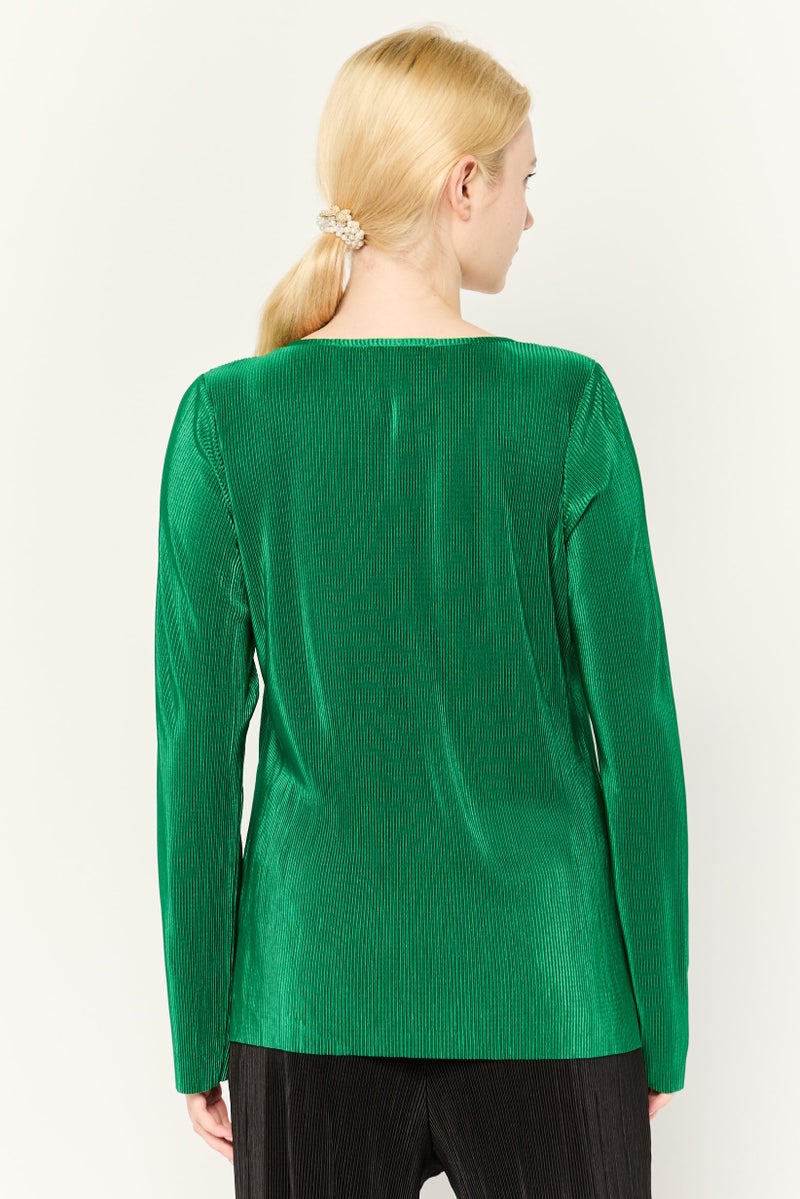 Cyrus Women Keyhole Neck Stripe Long Sleeve  Blouse, Dark Green  - Image 4