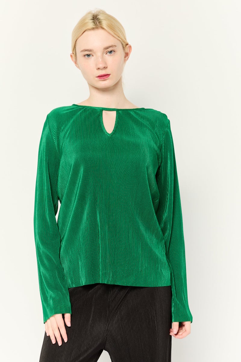 Cyrus Women Keyhole Neck Stripe Long Sleeve  Blouse, Dark Green  - Image 1
