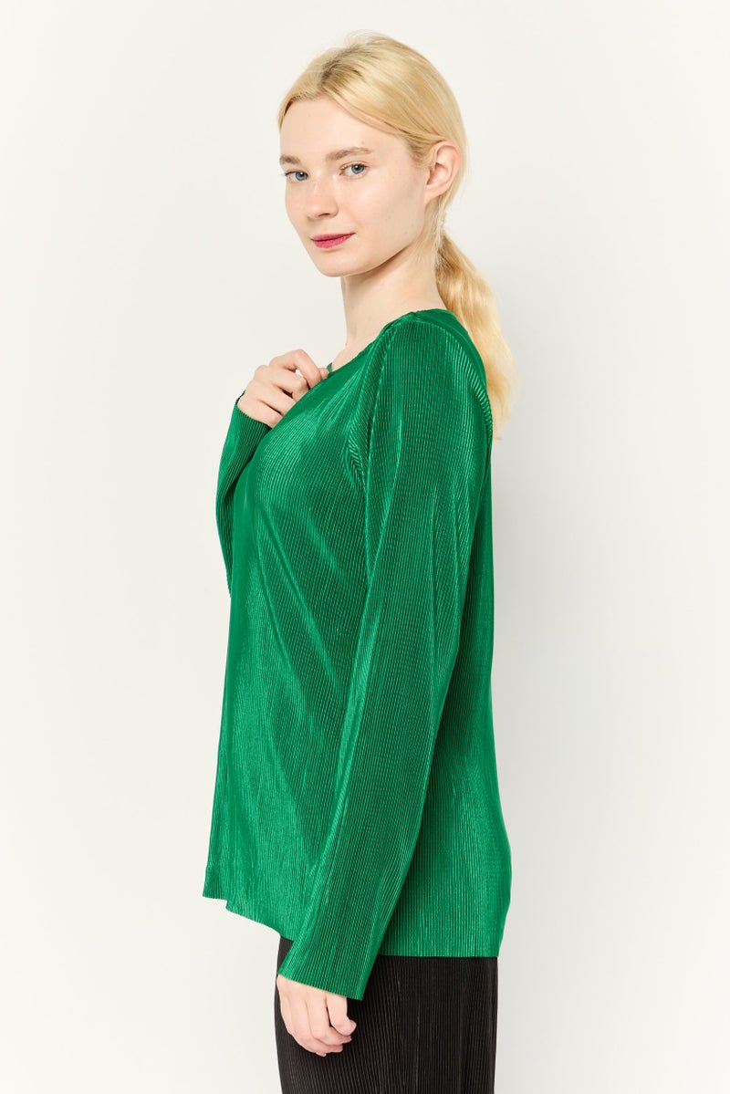 Cyrus Women Keyhole Neck Stripe Long Sleeve  Blouse, Dark Green  - Image 3