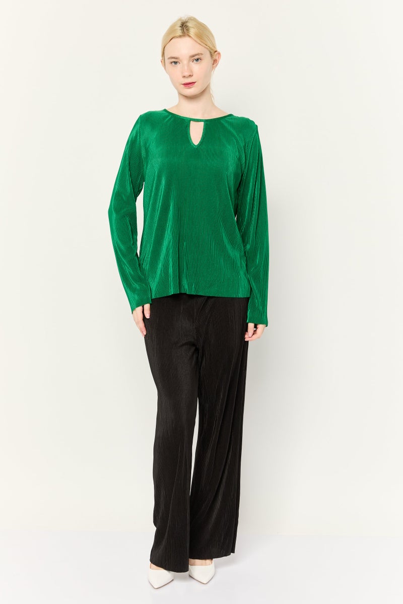 Cyrus Women Keyhole Neck Stripe Long Sleeve  Blouse, Dark Green  - Image 2