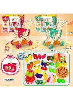 Children's Simulation Shopping Cart Play House Toy Vegetable And Fruit Cutting Large Capacity Trolley Toy Two-in-one-Color:54PCS-self-loading Shopping Cart With Cut Fruit + Pizza Kit (shopping Basket Can Be Split)-YH161046