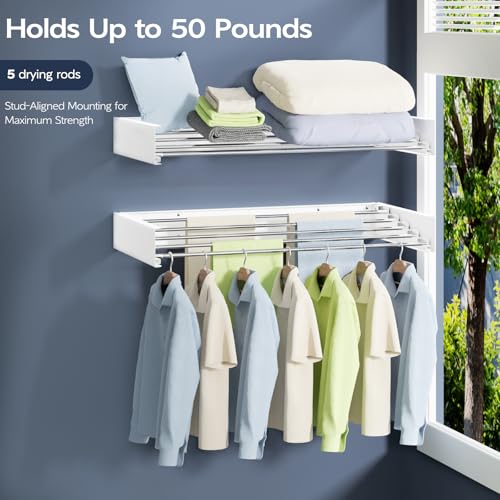 Vikaqi Wall Mounted Foldable Clothes Drying Rack, 32-Inch Wide, 5 Stainless Steel Rods, Space-Saving Laundry Drying Rack with Wall Template, White - Image 3