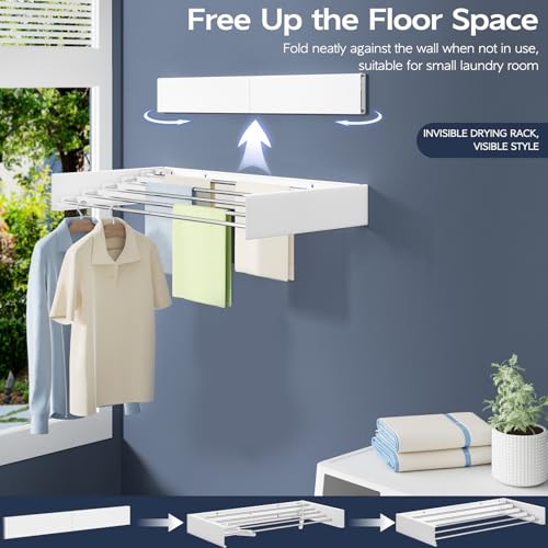 Vikaqi Wall Mounted Foldable Clothes Drying Rack, 32-Inch Wide, 5 Stainless Steel Rods, Space-Saving Laundry Drying Rack with Wall Template, White - Image 2