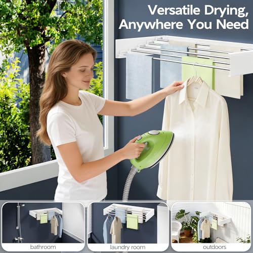 Vikaqi Wall Mounted Foldable Clothes Drying Rack, 32-Inch Wide, 5 Stainless Steel Rods, Space-Saving Laundry Drying Rack with Wall Template, White - Image 4