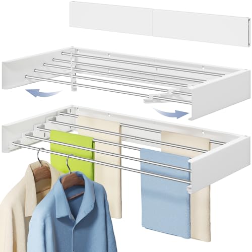 Vikaqi Wall Mounted Foldable Clothes Drying Rack, 32-Inch Wide, 5 Stainless Steel Rods, Space-Saving Laundry Drying Rack with Wall Template, White - Image 1