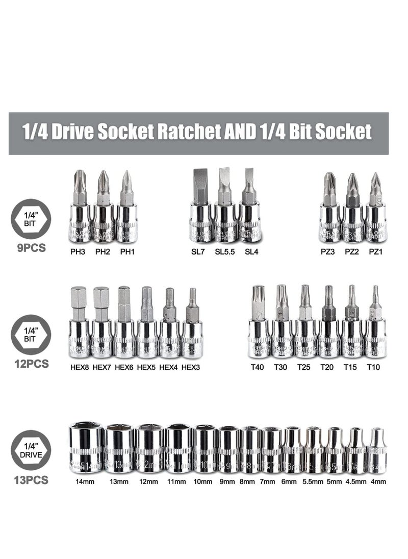 Arabest - 46Pcs Socket Set - 1/4 inch Drive Socket Ratchet Wrench Set Mechanic Tools Kit for Automotive Repair & Household, Metric Socket Set with Storage Case - Image 1