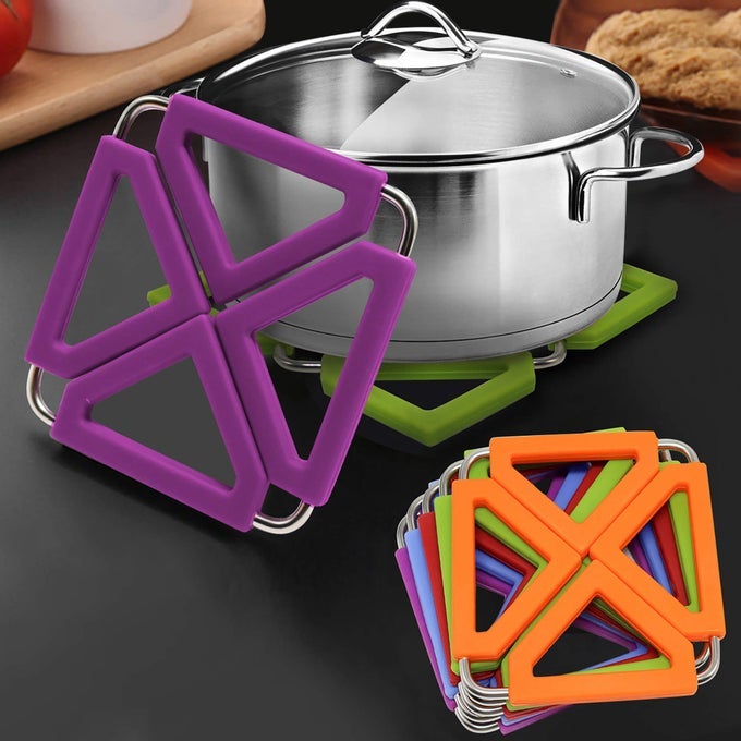 SET OF 5 SILICONE TRIVET MAT EXPANDABLE HOT POT HOLDER WITH STAINLESS STEEL FRAME FOR HOME KITCHEN HEAT RESISTANT INSULATED HOT PADS COASTERS TABLE DISH MAT TABLEWARE PLACEMAT FOR HOT PANS BOWLS