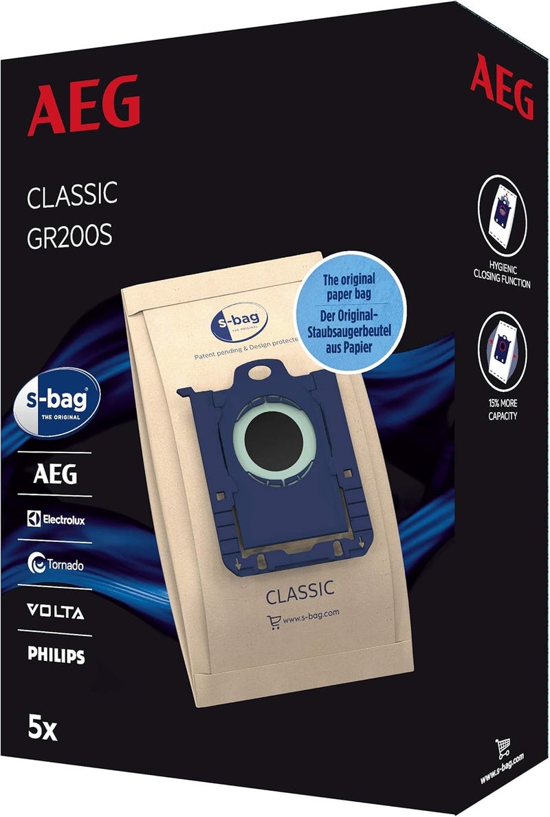 AEG GR200S s-bag classic vacuum cleaner bags (5 dust bags for permanently high suction performance, optimal filtration, hygienic closure, paper bags, brown) - Image 1