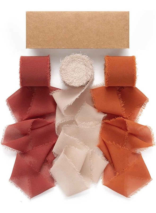 Zeemey 3 Rolls Chiffon Silk Ribbon 1 1/2 Inch x 21Yd Handmade Frayed Edge Terracotta Fall Ribbons for Gift Wrapping Bridal Bouquets Baby Shower Wedding Invitations Burnt Orange(4cm*5m)  - Image 1