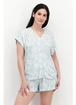 Women 2 Pieces Floral Print Pajama Set, Turquoise