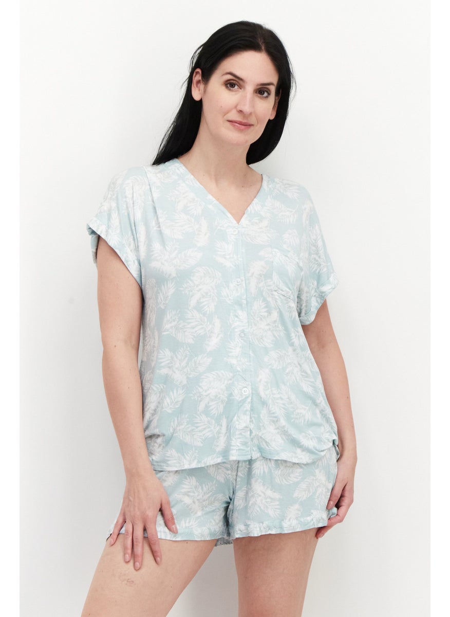 ANNE KLEIN - Women 2 Pieces Floral Print Pajama Set, Turquoise - Image 1