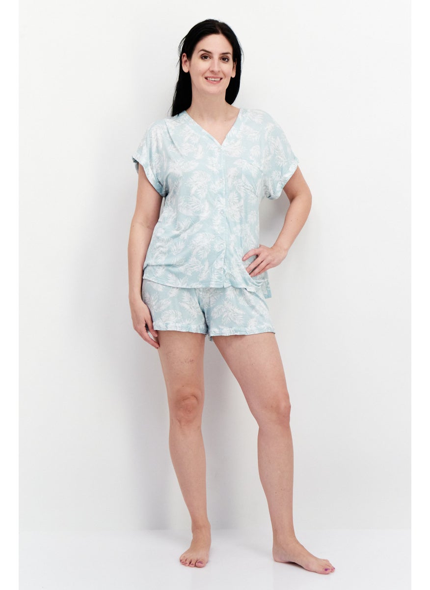 ANNE KLEIN - Women 2 Pieces Floral Print Pajama Set, Turquoise - Image 1
