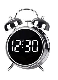 YOUGE Twin Bell Alarm Clock,LED Display Digital Clock with Night Light,USB Rechargeable/Battery Operated Loud Bell Metal Alarm Clock for Office Bedroom (Silver)  - Image 1