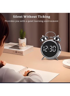 YOUGE Twin Bell Alarm Clock,LED Display Digital Clock with Night Light,USB Rechargeable/Battery Operated Loud Bell Metal Alarm Clock for Office Bedroom (Silver)  - Image 3