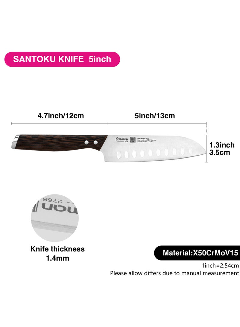 فيسمان سلسلة Santoku Ferdinand مقاس 5 بوصات بشفرة حادة ومقبض قوي غير قابل للانزلاق بتصميم بسيط من الفولاذ المقاوم للصدأ مناسب لمطعم المنزل  - Image 2