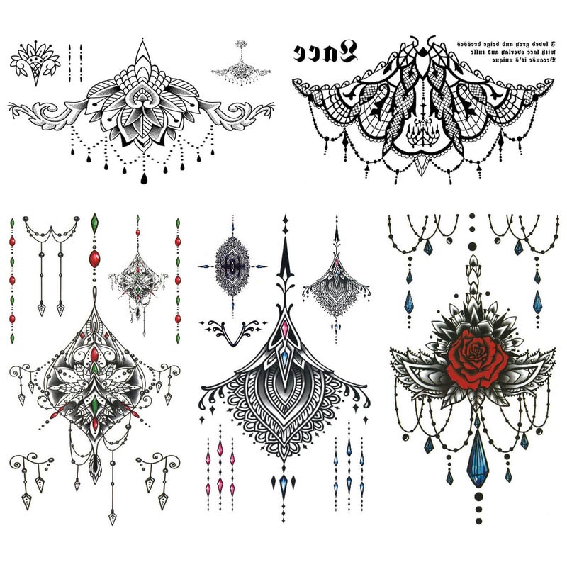 Glaryyears Lace Temporary Tattoos for Women Female, 5 Pack Black Fake Realistic Large Long Lasting Creative Tattoo Stickers, Diamond Pendant Flower Styles on Body - Image 1