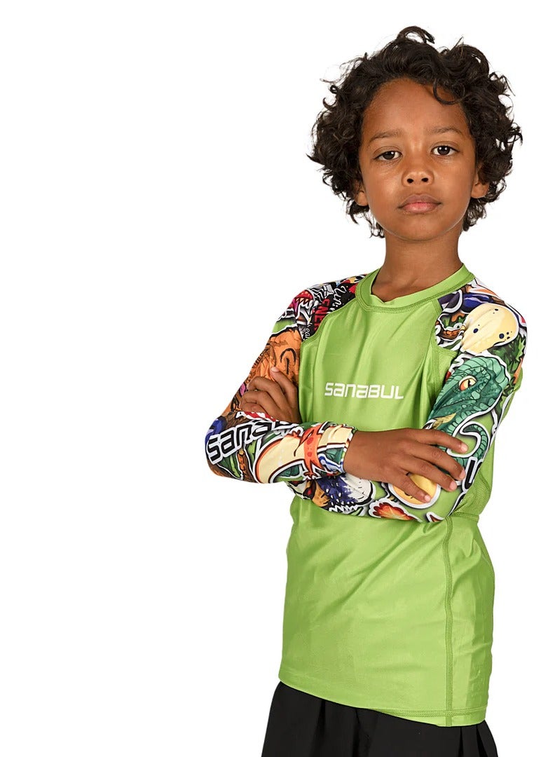 Sanabul  SB Kids Rash Guard Dino Jungle Green 2XL – Protective Compression Shirt for Children, MMA, BJJ & Martial Arts - Image 2