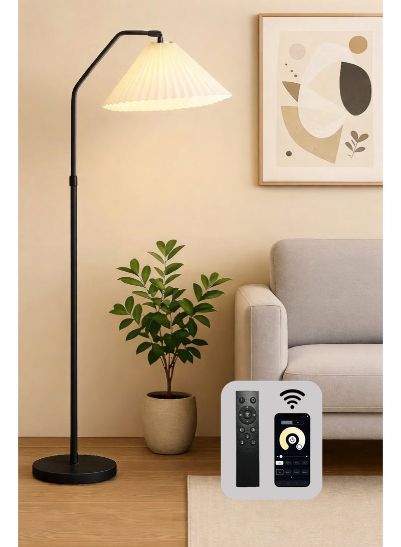 Fullight Minimalist Arc LED Floor Lamp – Tricolor Dimmable, Black, Modern Design,  Fabric Shade, for Bedroom, Living Room, Office - Image 1