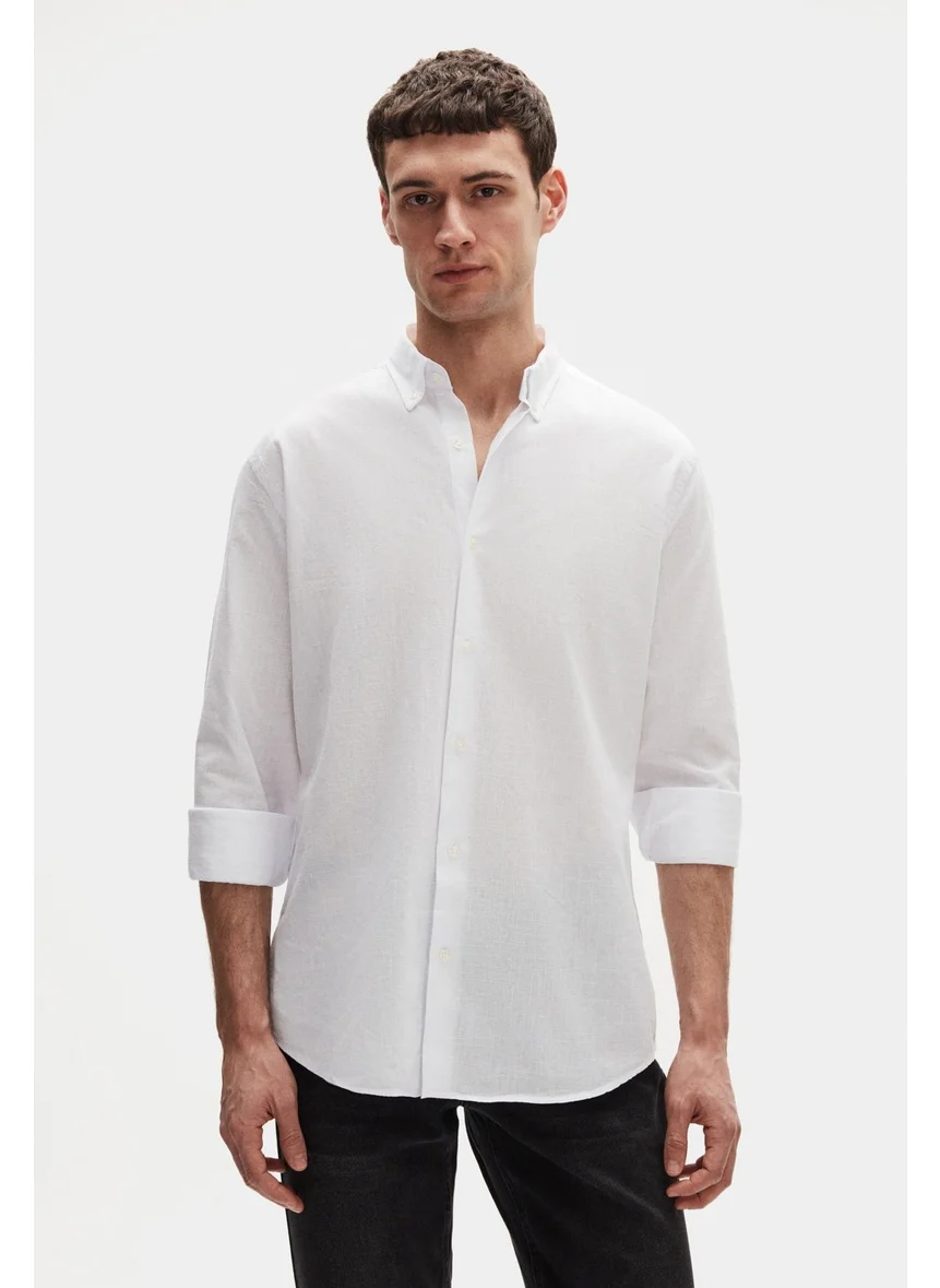 D'S DAMAT Comfort White Button-down Collar Relaxed Cut Linen Look 100% Cotton Shirt 2HC02ORT64265