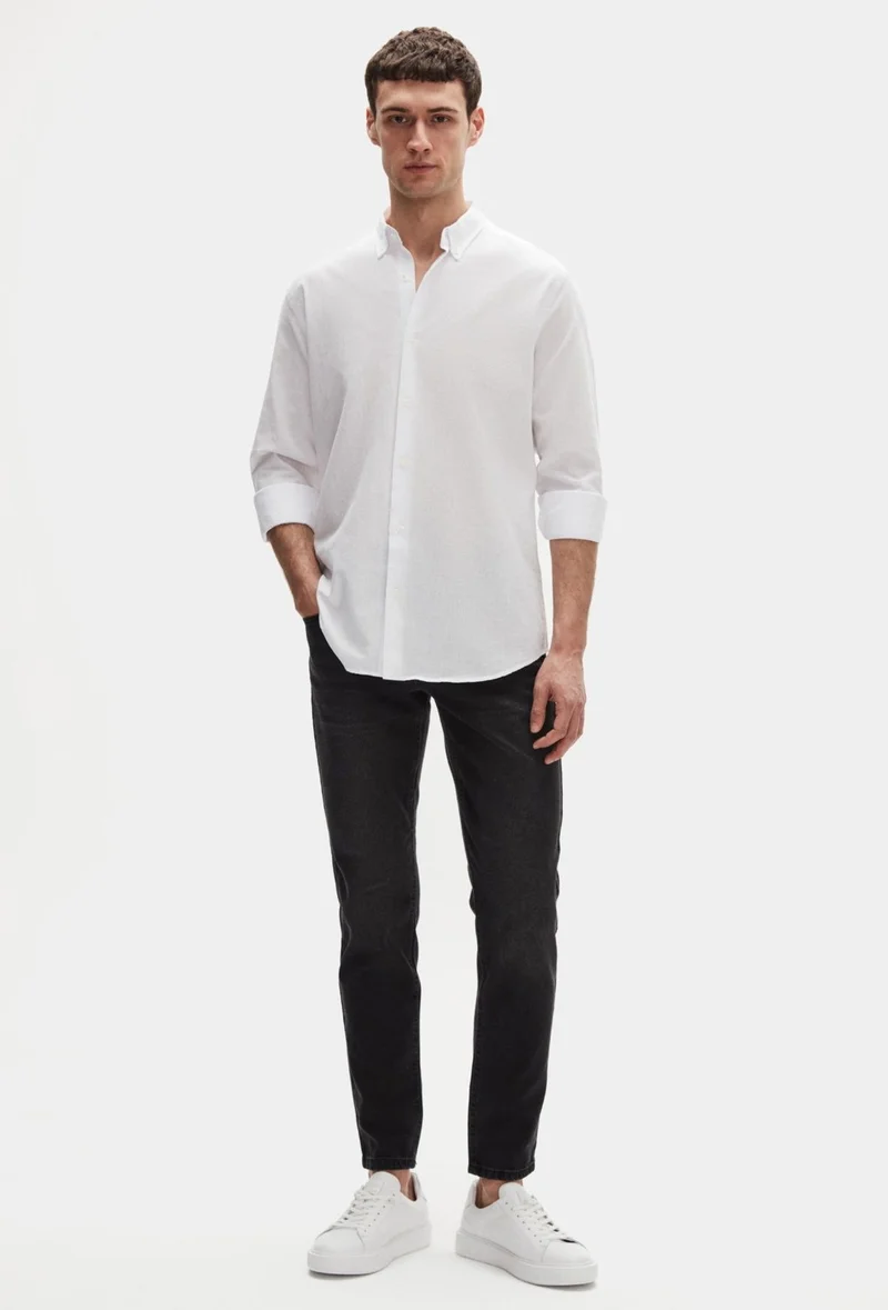 D'S DAMAT Comfort White Button-down Collar Relaxed Cut Linen Look 100% Cotton Shirt 2HC02ORT64265