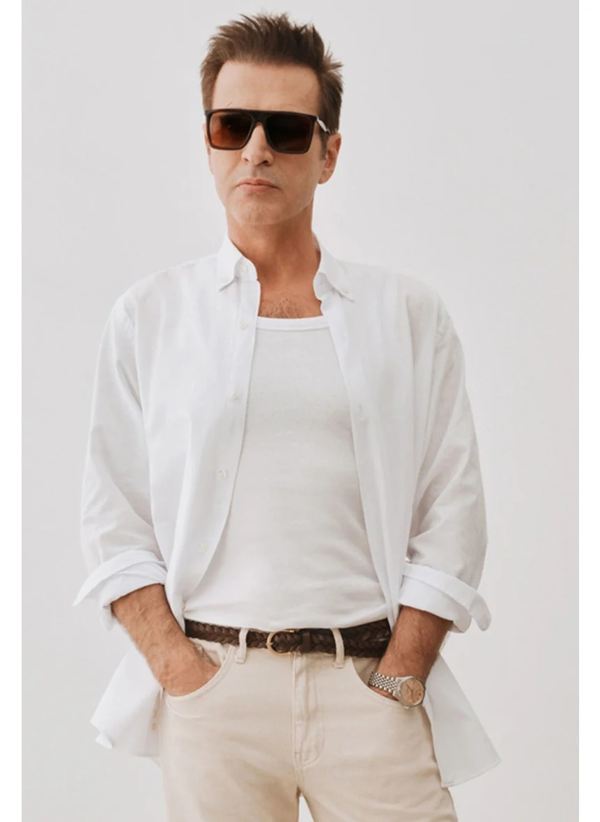 D'S DAMAT Comfort White Button-down Collar Relaxed Cut Linen Look 100% Cotton Shirt 2HC02ORT64265