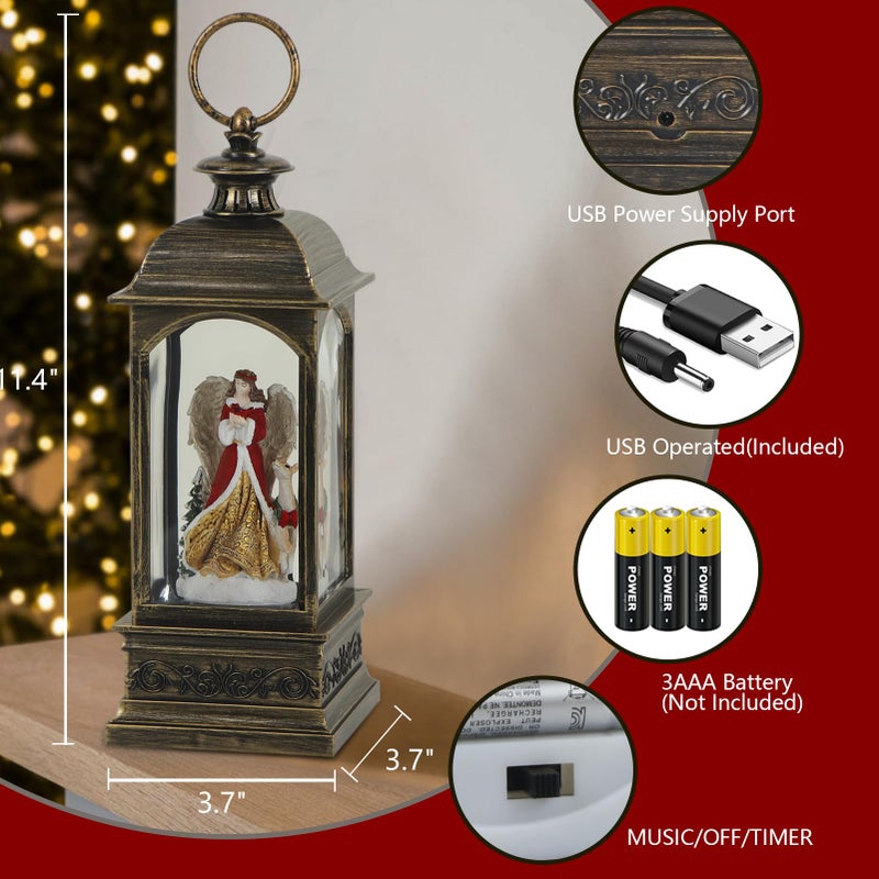 Eldnacele Angel Music Snow Globe Lantern With 6 Hour Timer  Battery Operated & Usb Powered Singing Lighted Lamp Swirling Water Glittering Christmas Decoration Holiday Decor Lantern - Image 2