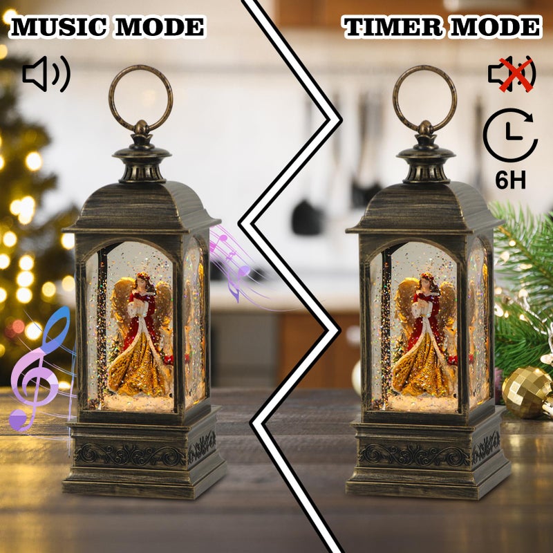 Eldnacele Angel Music Snow Globe Lantern With 6 Hour Timer  Battery Operated & Usb Powered Singing Lighted Lamp Swirling Water Glittering Christmas Decoration Holiday Decor Lantern - Image 5