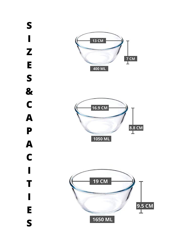 Femora Borosilicate Glass Microwave Safe All-Purpose Mixing Bowls, 400 ML, 1050 ML, 1650 ML (Transparent) - Image 5