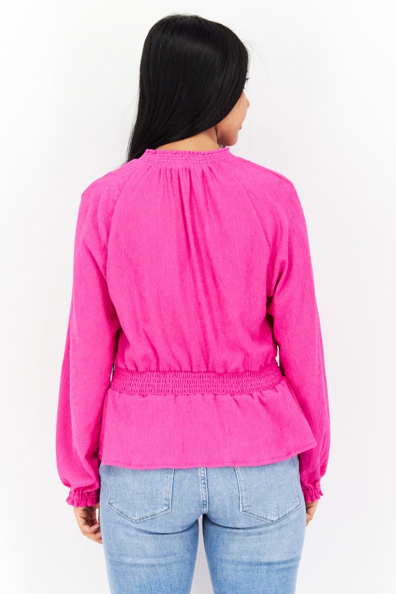 Riley & Rae بلوزة نسائية بأكمام طويلة على شكل حرف V، وردي - Image 3