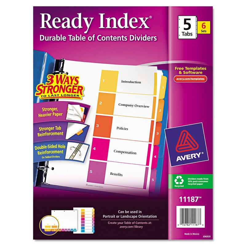Avery 11187 Ready Index Dividers, Tabs 1-5, Letter Size, Multicolor, 6 Sets/PK - Image 1