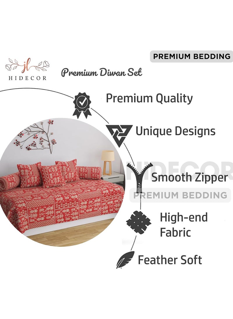 HIDECOR HIDECOR Super Soft Cotton diwan Set for Living Room diwan Set Covers Cotton diwan Set 6 Pieces One Single Bedsheet with 3 Cushion Cover2 Bolster Red  - Image 2